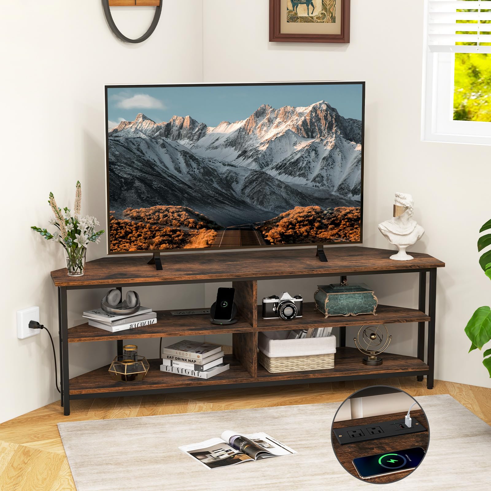 Meuble TV d'angle Tangkula pour téléviseurs jusqu'à 65 pouces, console TV avec prises AC, ports USB A, port USB C